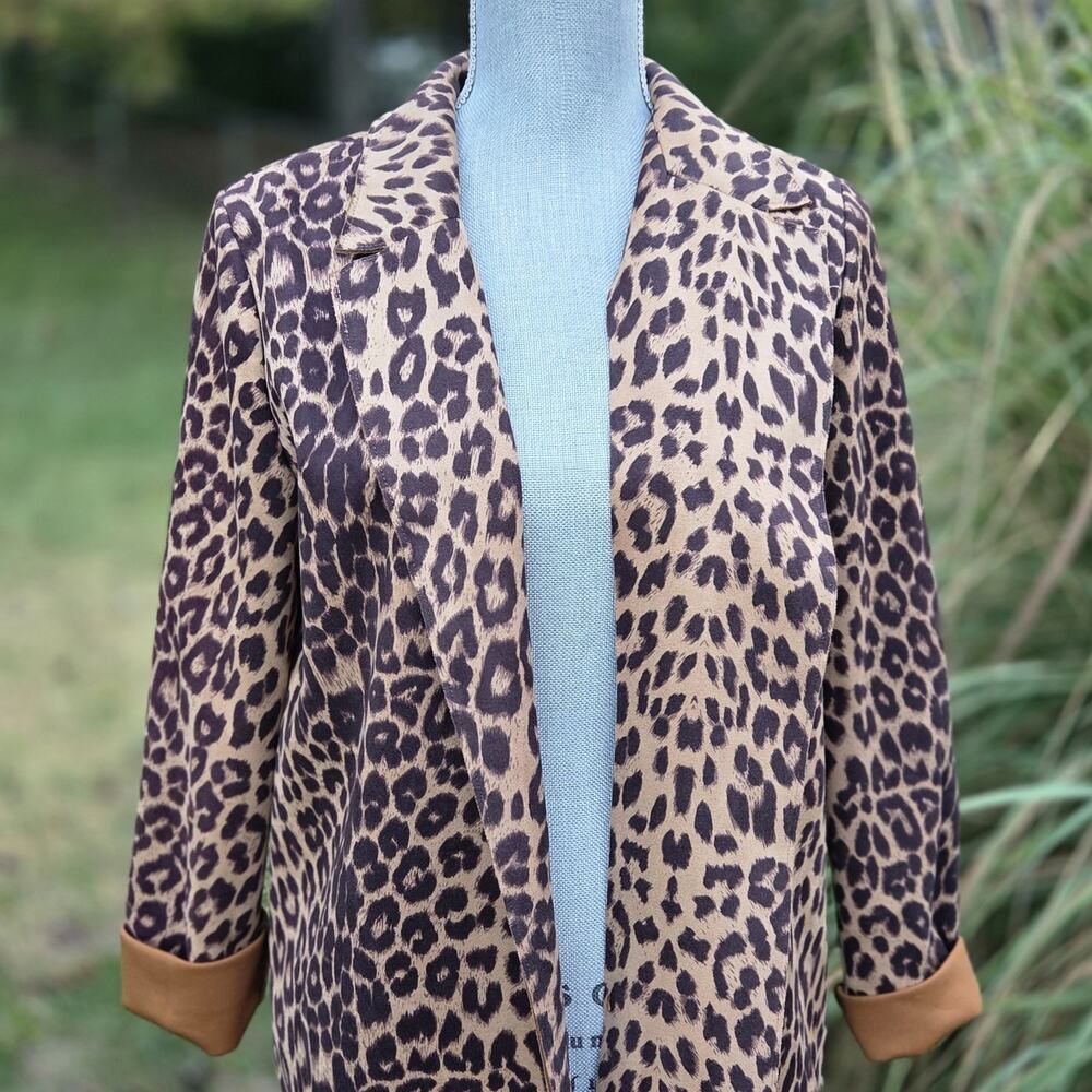 Zara Leopard Faux Suede Duster Jacket M Long Open Front Animal Print Coat - Picture 4 of 10